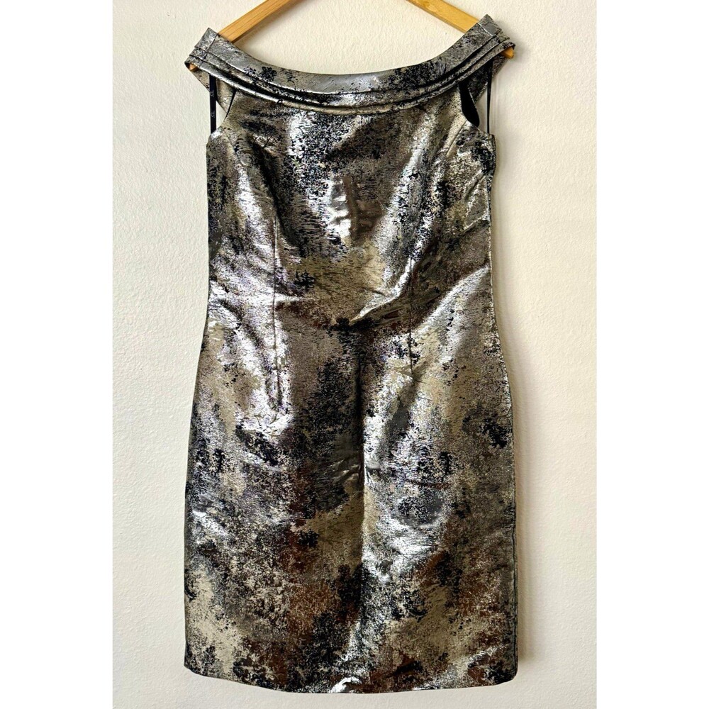Siri Metallic Silver Off Shoulder Sheath Cocktail Dress Lurex Jacquard USA Sz 12
